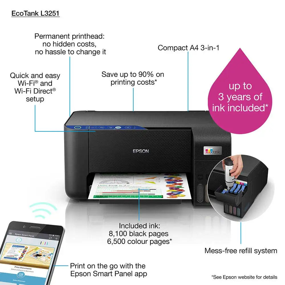EPSON EcoTank L3251 Home ink tank printer A4, colour, 3-in-1 printer with WiFi and Smart Panel App - Black